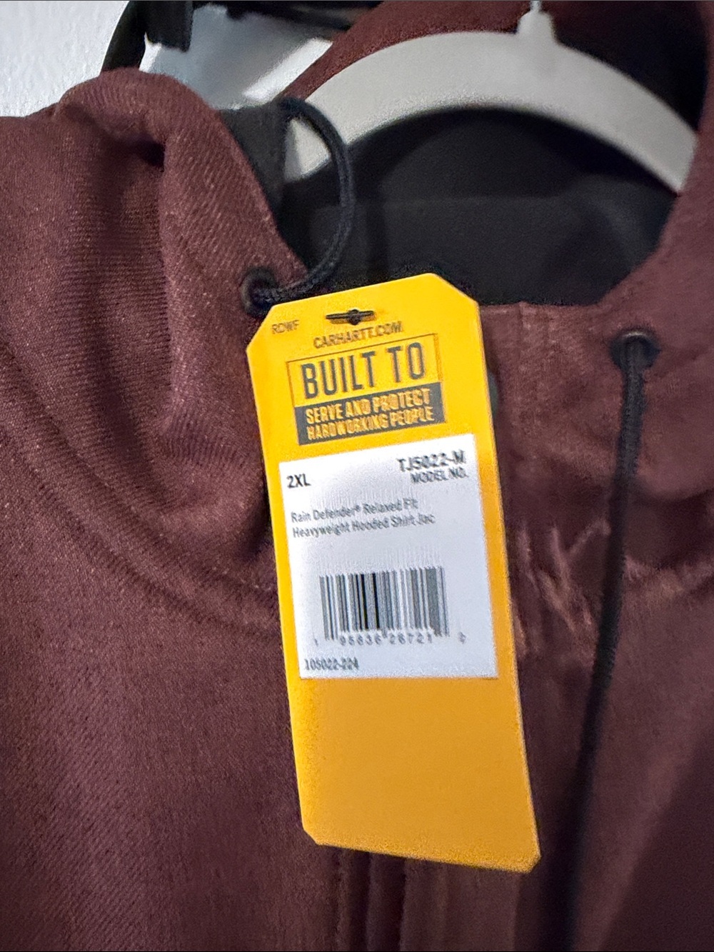 Carhartt Men's Maroon Hooded Shirt Jacket with Black Drawstrings